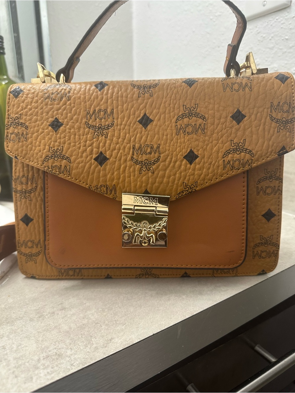 MCM Cognac/Chestnut Visetos Monogram Satchel with Gold Hardware